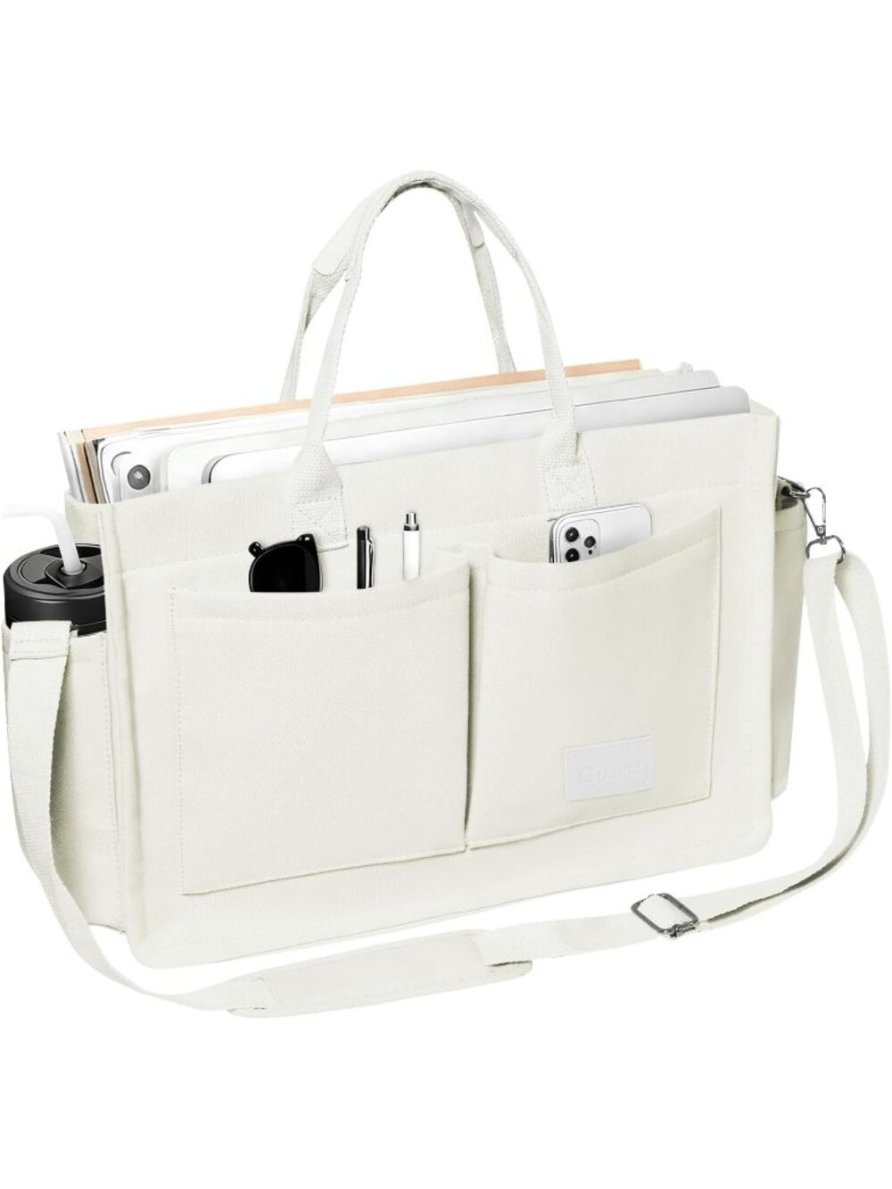 Women Beige Crossbody Tote Bag Pockets Laptop Work Shoulder Bag